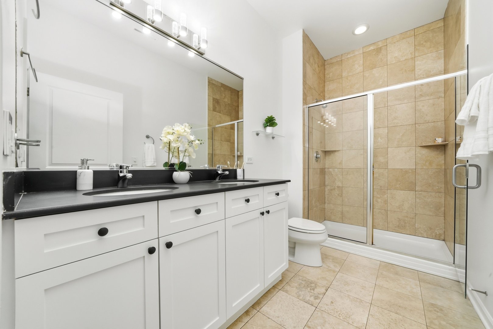 800 West Cornelia Avenue, Unit 307 Chicago, IL 60657 - Photo 20 of 22 a bathroom with a double vanity sink toilet and shower