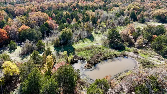 an aerial view of residential houses with outdoor space and trees
