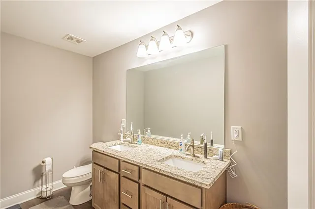 a bathroom with a sink vanity and a toilet