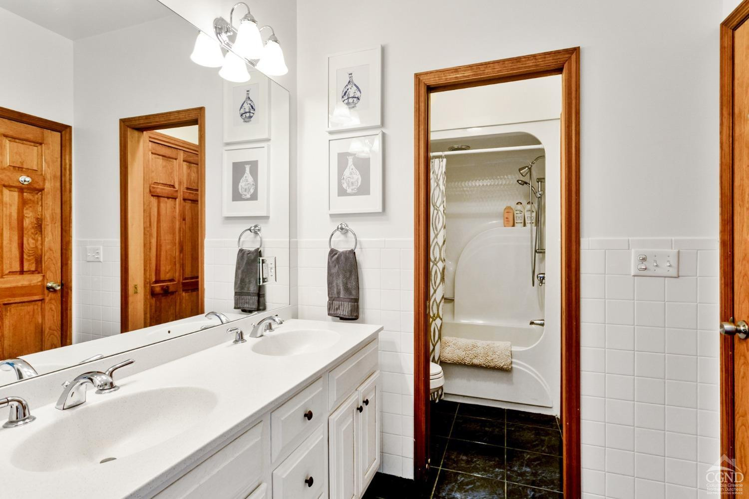 742 Embought Road Catskill, NY 12414 - Photo 17 of 32 a bathroom with double vanity sink a two mirror a window and a bathtub