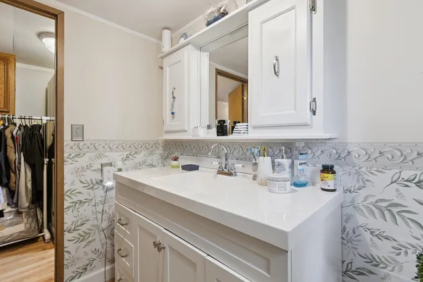 a bathroom with a sink a vanity and a mirror