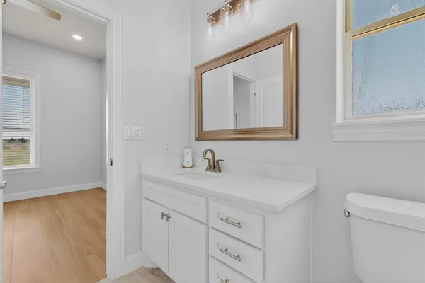 a bathroom with a sink vanity and a toilet