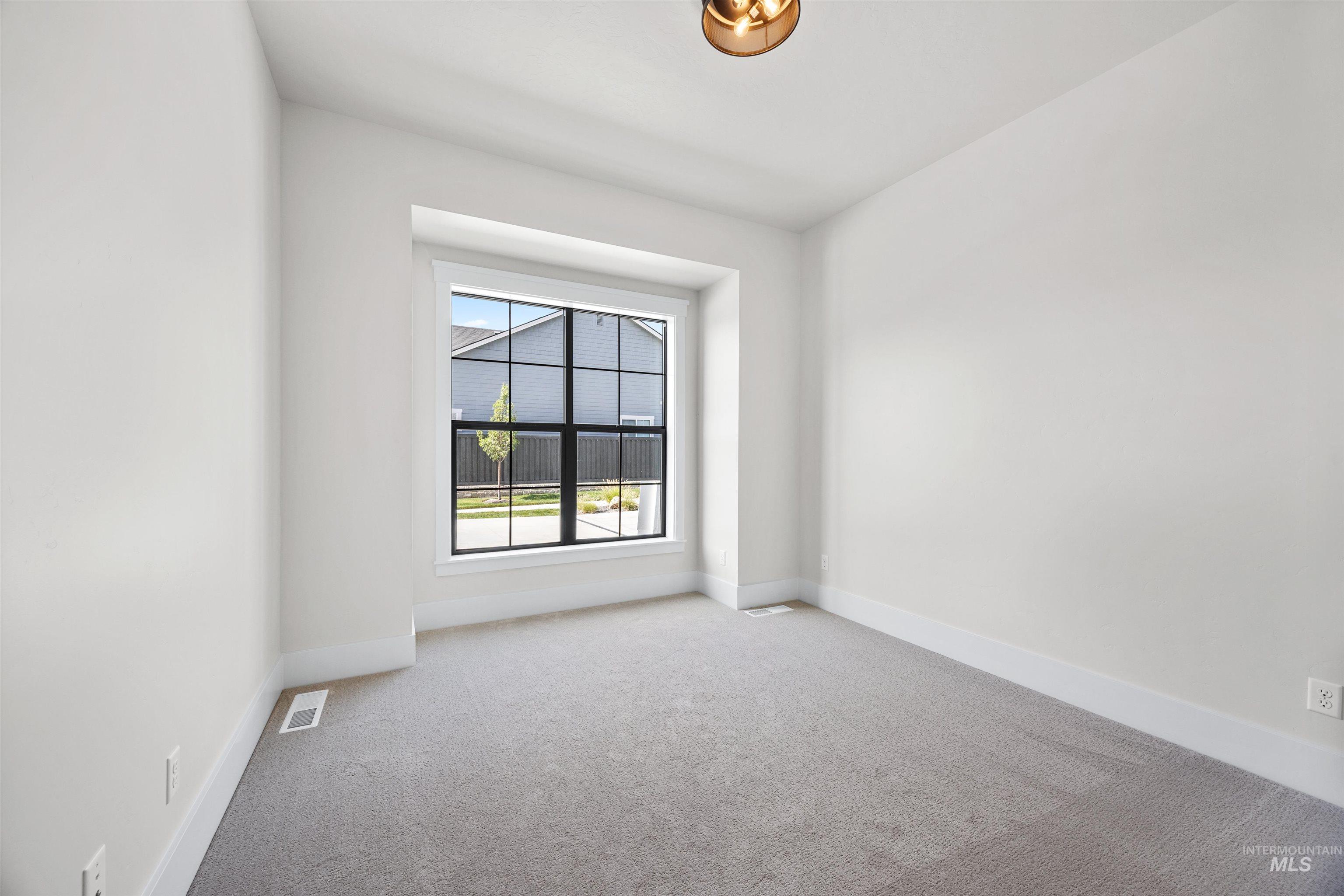 Window with black grilles, light gray carpet flooring, white walls, white trim, and a ceiling-mounted light fixture