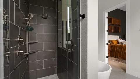 a bathroom with a shower and toilet