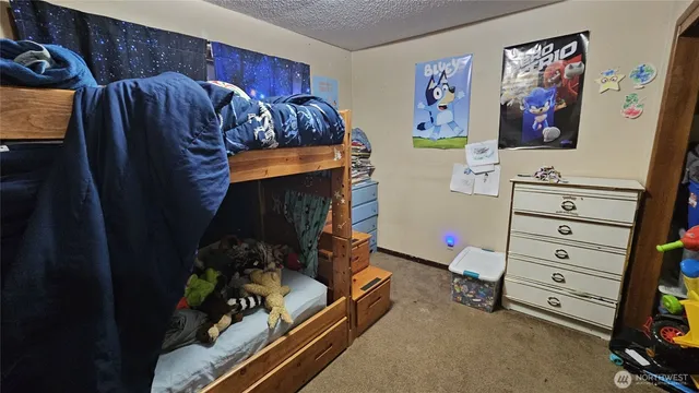 a bedroom with a bed and a closet