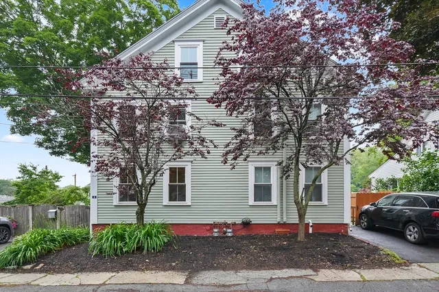 a front view of a house with a tree