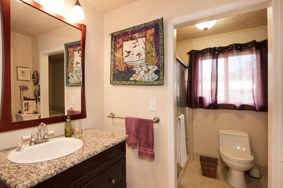 20 Hoaka Road Hilo, HI 96720 - Photo 10 of 30 a bathroom with a granite countertop sink a toilet and a mirror