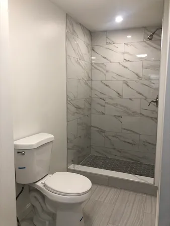 a bathroom with a toilet and a shower