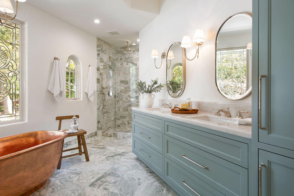 1839 East Mountain Drive Montecito, CA 93108 - Photo 13 of 24 a bathroom with a double vanity sink and a mirror