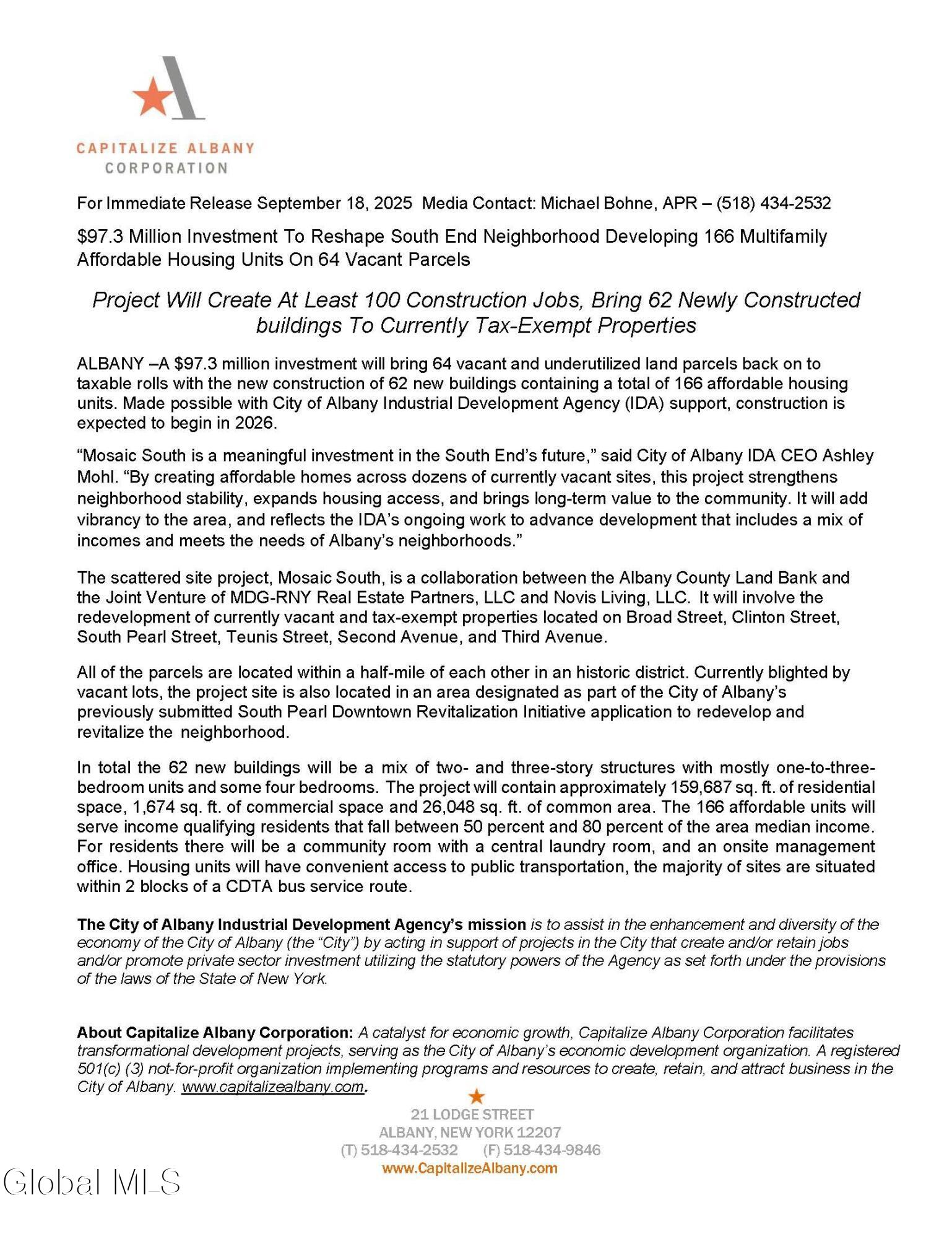 101 3rd Avenue Albany, NY 12202 - Photo 2 of 31 For Immediate Release September 18