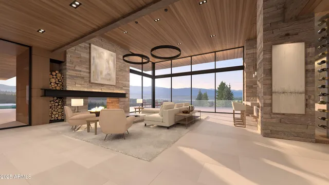 a living room with furniture large window and furniture