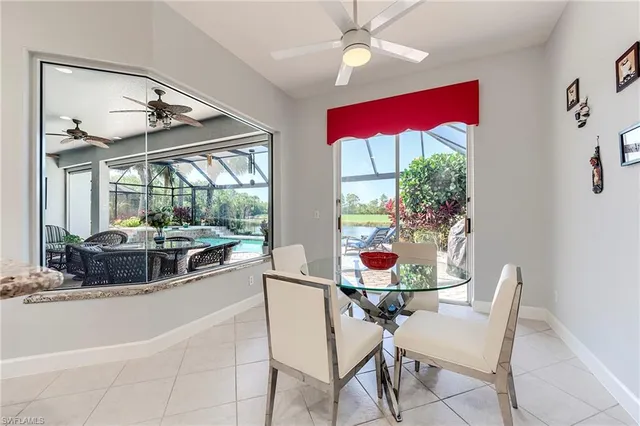 a view of a dining room with furniture window and outside view
