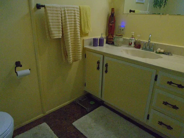 a bathroom with a sink and a mirror