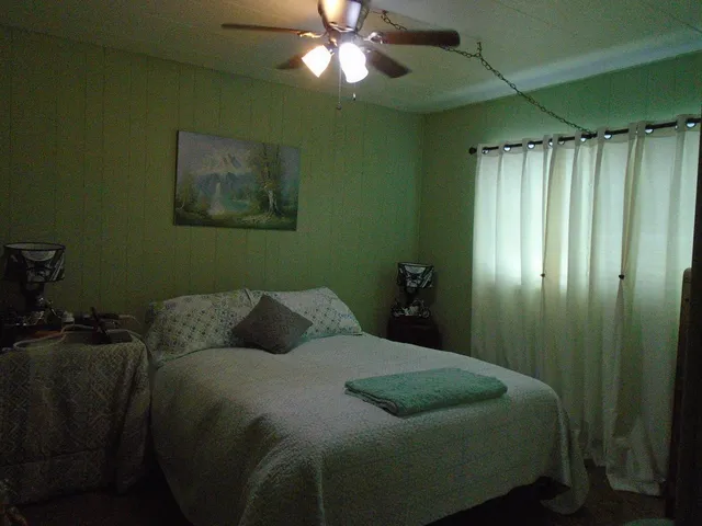 a bedroom with a bed and a window