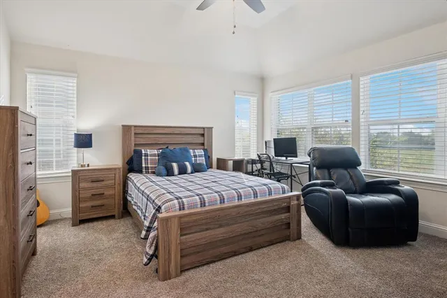 a bedroom with furniture and a fireplace