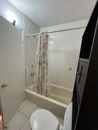 a bathroom with a shower and a toilet