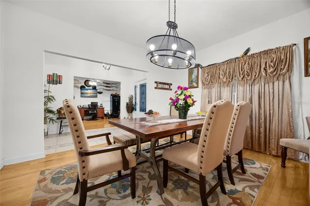 a view of a dining room with furniture