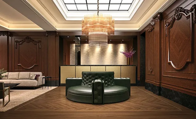 a living room with furniture and a chandelier