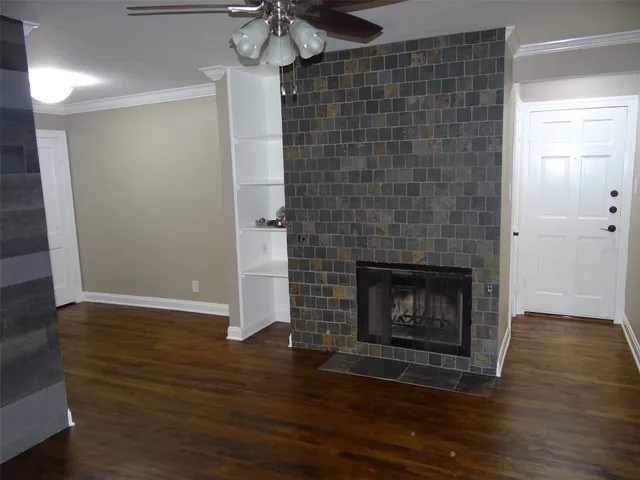 a room with a fireplace