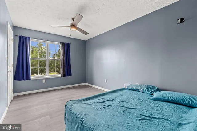 a living room with a bed and ceiling fan