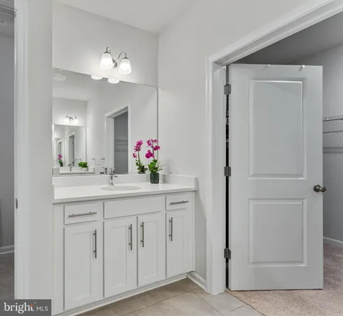 a bathroom with a sink vanity and a mirror