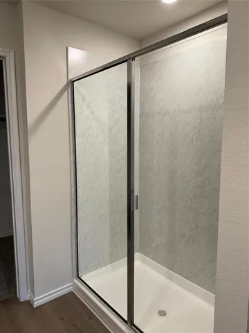 a bathroom with a sink a mirror and a glass door shower