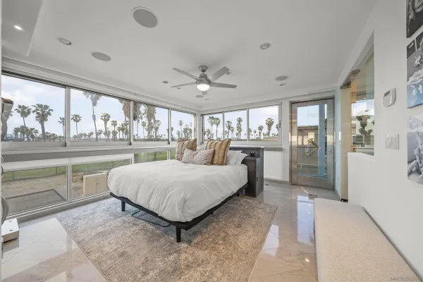 a spacious bedroom with a large bed and a large window
