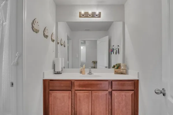 a bathroom with a sink and a mirror