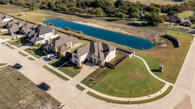 an aerial view of a swimming pool