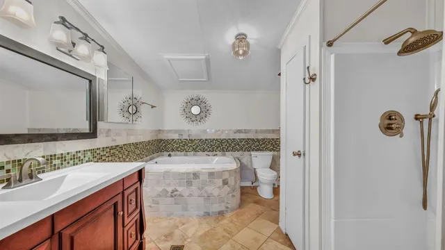 a bathroom with a granite countertop sink and a toilet