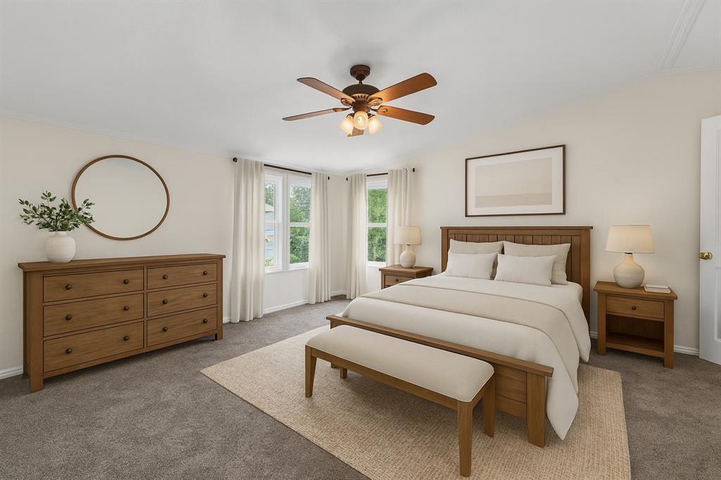 1240 Riverview Road Millsap, TX 76066 - Photo 26 of 36 a bedroom with a bed a chandelier and a dresser