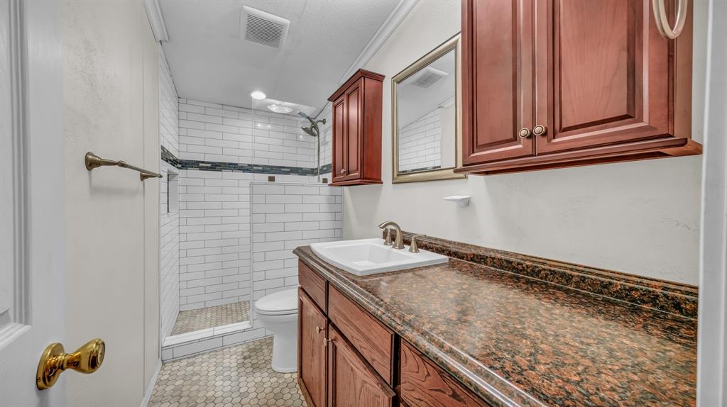 1240 Riverview Road Millsap, TX 76066 - Photo 33 of 36 a bathroom with a granite countertop sink and a toilet