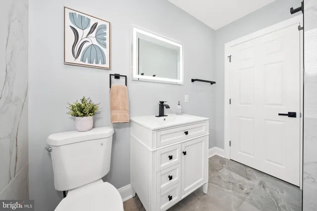 a bathroom with a sink mirror vanity and toilet