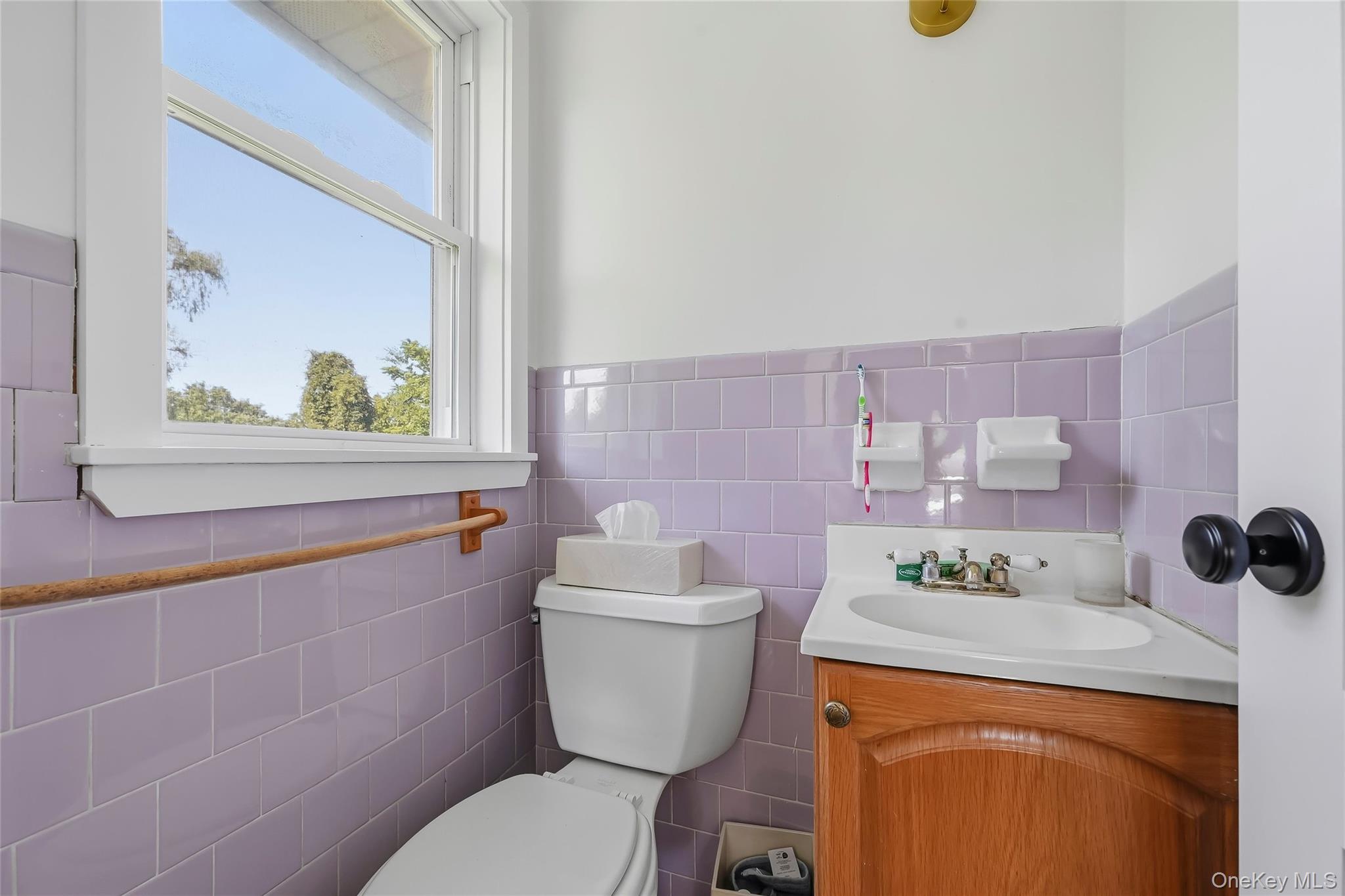 249 Ridge Road Highland Mills, NY 10930 - Photo 17 of 38 Bathroom featuring a white window, purple tiled walls, and a white toilet