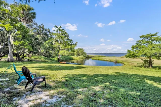 a view of a swimming pool and lounge chairs