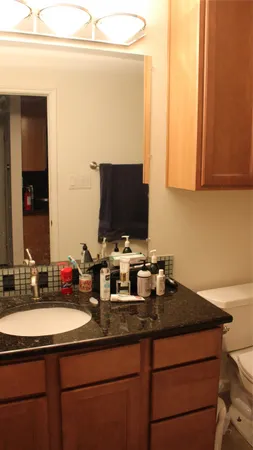 a bathroom with a sink and a mirror
