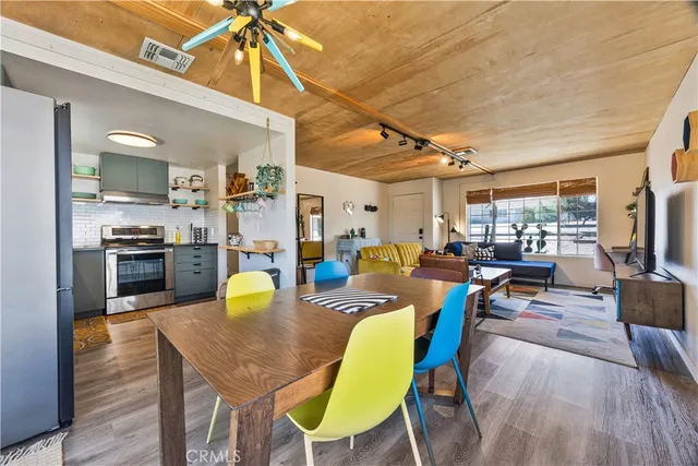 a view of a dining room with furniture
