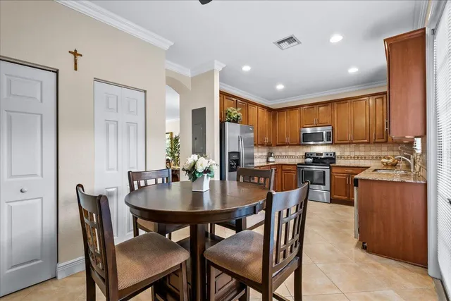a view of a dining room with furniture