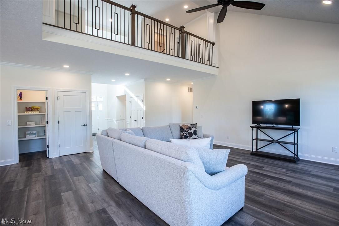34286 Brookside Lane North Ridgeville, OH 44039 - Photo 13 of 50 Living area featuring high vaulted ceiling, recessed lighting, dark wood-style flooring, and ceiling fan