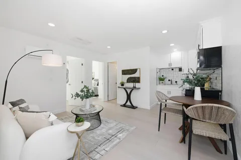 a living room with furniture and a potted plant