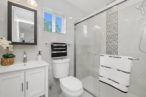 a bathroom with a sink a toilet a mirror a vanity and shower