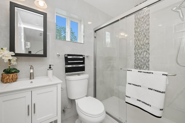 a bathroom with a sink a toilet a mirror a vanity and shower