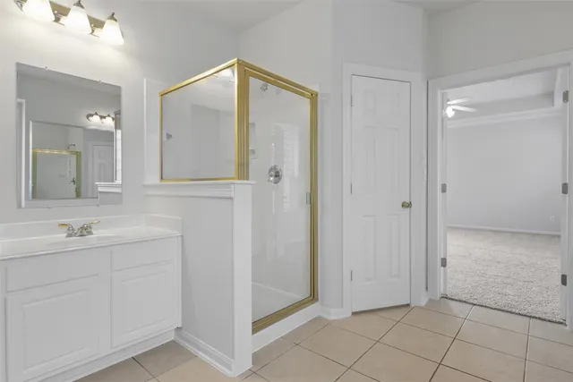 a bathroom with a shower and a sink
