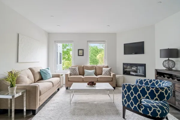 a living room with furniture a flat screen tv and a fireplace