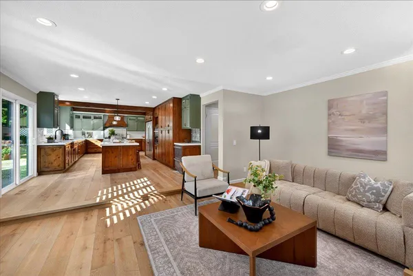 a workspace with furniture and wooden floor