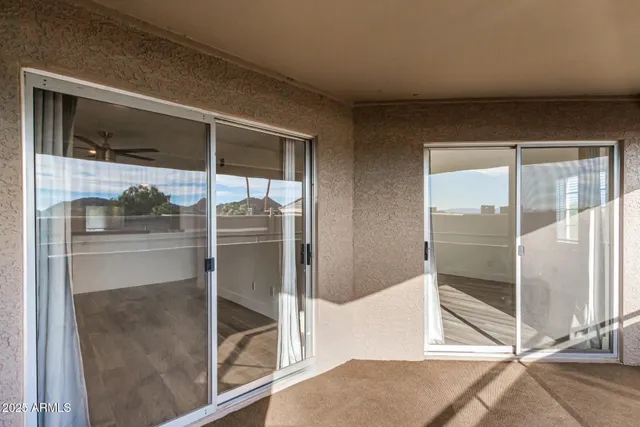 a view of a roof deck with wooden floor and a potted plant