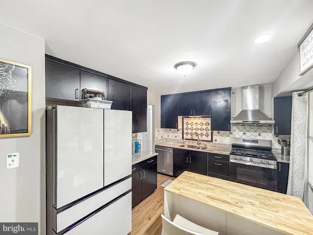a kitchen with stainless steel appliances a refrigerator and a stove