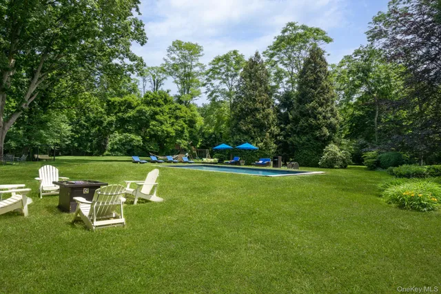 a view of pool with a yard