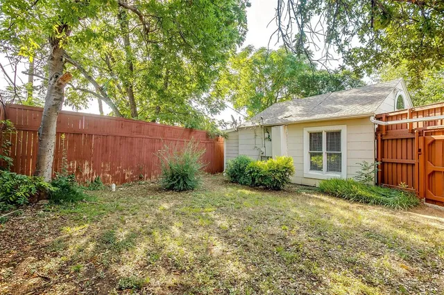 a view of backyard with potted plants and large tree
