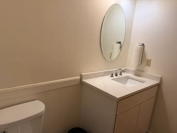 a bathroom with a sink a toilet and a mirror
